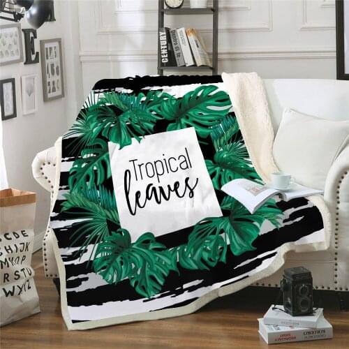 Tropical Green Leaves Sherpa Throw Blanket Red Flowers Bedspread Tropical Plants Velvet Plush Bed Blanket 150x200