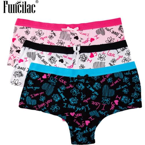FUNCILAC Sexy Women Panties Cotton Boyshort kawaii Underwear Transparent Lace Lingerie Letter Butterfly Print Briefs 3 Pcs/set