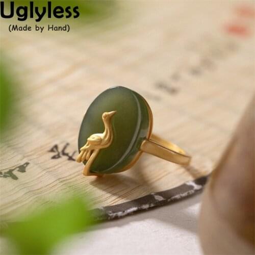 Uglyless Gold Birds Crane Rings for Women Natural Jade Lovely Animals Rings Gold Real 925 Silver Creative Gifts Jewelry Gemstone