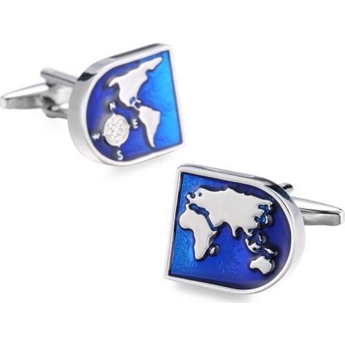 High quality fashion mens shirts Cufflinks Blue Enamel Global map of the globe Cufflinks