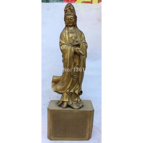 Xd 00358 26"Chinese Bronze Stand Kwan-yin Guanyin Hold Vase On Base With Words Sculpture
