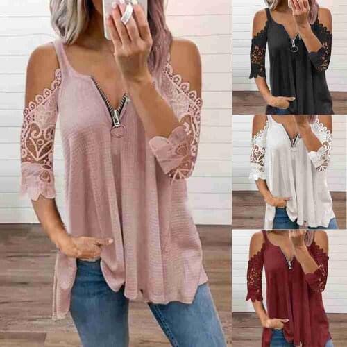 Sexy Summer Half Sleeve Lace Shirt Women Casual Zipper V Neck Loose T Shirt Plus Size Hollow Out Sling Elegant Pullover Tops