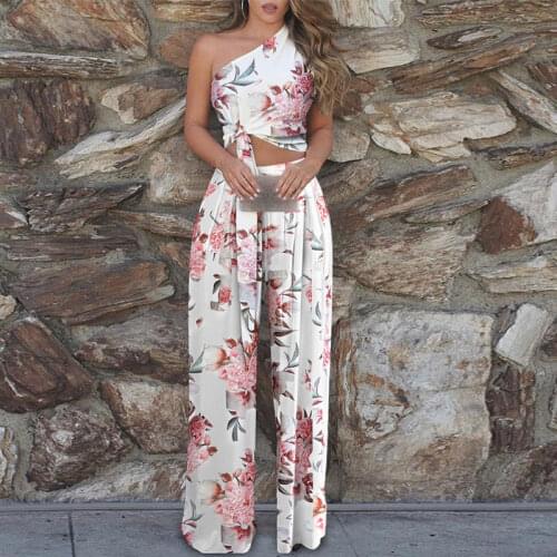 Printed One-shoulder Strap Two Piece Set Women Backless Wide Leg Pants Sets Female 2021 Summer Lady Bohemia Streetwear Suit