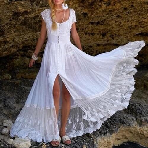 Women Summer Solid Color Slim Long Dress Lady Pretty Lace Dresses for Women Pleated Maxi Dress Bohemian Dress White Dress