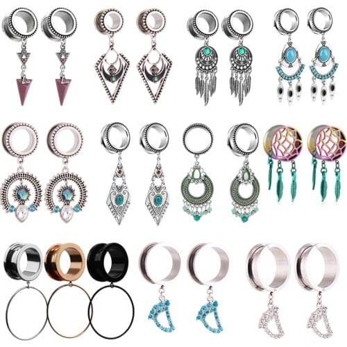 1Pair Stainless Steel Boho Ear Gauge Plug Earring Fashion 6-30Mm Ear Gauges Dangle Tunnel Flesh Expander Saddle Plug Strecher