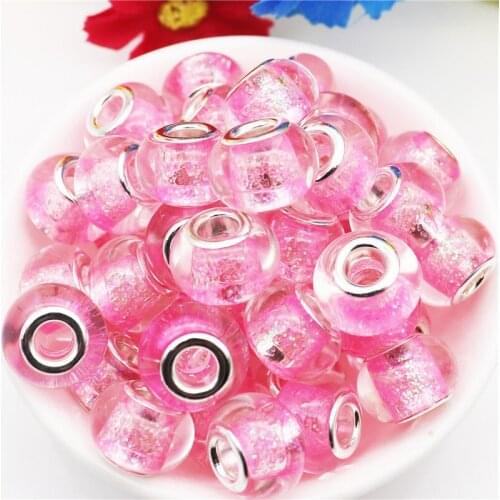 10 Pcs Pink Color Glitter Large Hole European Murano Glass Beads Fit Pandora Bracelet Bangle Charm Pendants for Jewelry Making