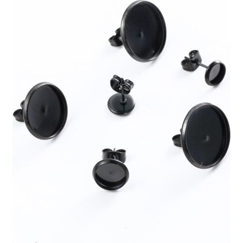 20 Set 316L Stainless Steel Black Color Round 6 8 10 12 14 16MM Cabochon Base Tray Bezel Fit DIY Glasses Earring Jewelry Making