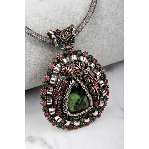 Anyolit - Ruby - Emerald Special Workmanship 925 Sterling Authentic Silver Necklace