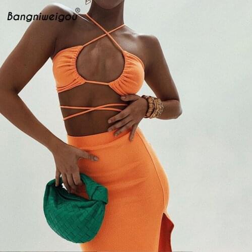 Bangniweigou side high slit sexy bandage two piece sets women solid orange bustier top with long dress matching sets