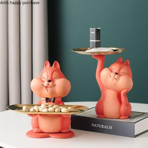 Squirrel Resin Ornaments Stainless Steel Storage Tray Home Accessories Decoration Crafts Piggy Bank Statue Figurines Furnishings