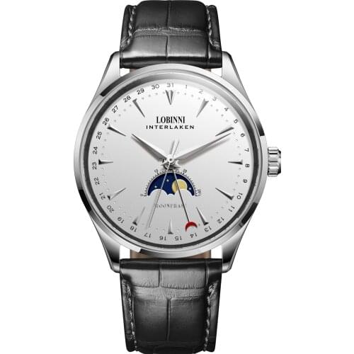 LOBINNI Men Automatic Watch Mens Moonphase Watches Luxury Mechanical Wristwatch 50M Waterproof Sapphire Leather Strap Fashion