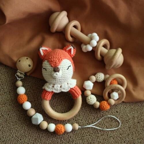 Baby Rattle Crochet Elk Fox Bear Teether Rattle With Bells Newborn Montessori Educational Toy Wooden Rings Baby Toys