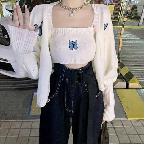 Butterfly Embroidery Short Sweater Womens Spring And Autumn New Sweet Fashion Knitted Cardigan