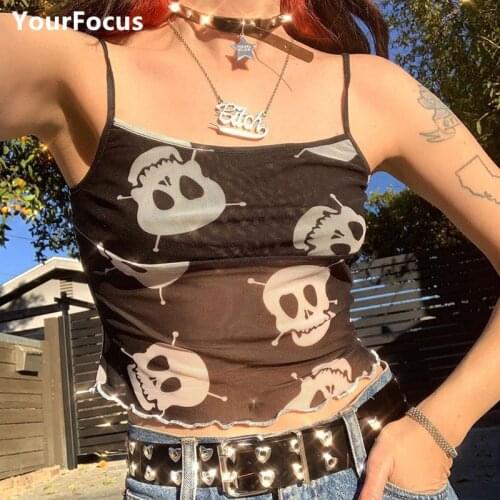 Summer E-girl Y2K Aesthetics Mesh Black Camis Tops Goth Punk Spider Skull Spaghetti Strap Cropped Tops Streetwear Sexy Tank