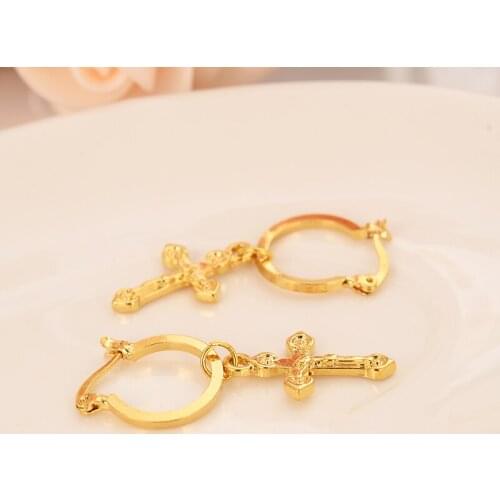 Small cross drop earring lovely Jesus Christian Gold Dubai african Arab Middle Eastern Jewelry for women Mom kids Gifts