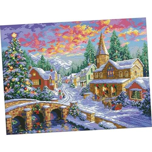 DIY Stamped Cross Stitch Kit Pre-printed Winter Village Pattern Christmas Gift 11CT 67x52cm