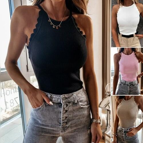 2021 New Women Summer Casual O Neck Sleeveless Knitted Tank Patchwork Lace Slim Fit T-Shirts Ladies Sexy Solid Color Corset Tops