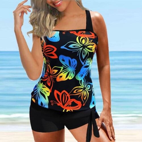New Spaghetti Strap Butterfly Print Tankini Set Women Vintage Plus Size Two Piece Cover Belly Swimming Suit Large Size Swimwear