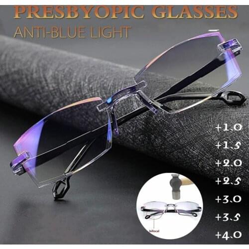 Men Women Rimless Reading Glasses Anti Blue Light Bifocal Far Near Magnification Eyewear Presbyopic Glasses +150 +200 Eyewear