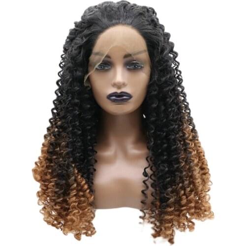 Ombre Blonde Lace Front Wig for Women Black to Brown Curly Wig Heat Resistant Fiber Kinky Synthetic Cosplay Makeup Wigs 16 Inch