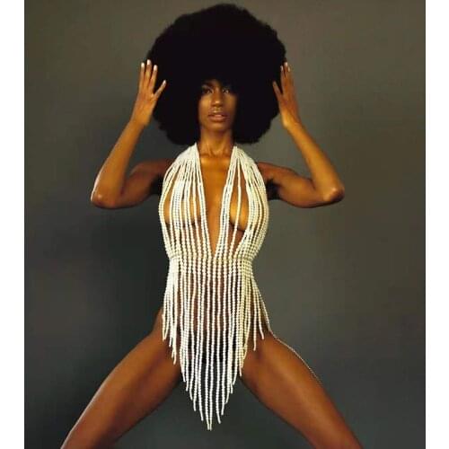 RANMO Hand-beaded suspenders openwork tassels sexy ladies summer pool party Pearl top (adjustable back)