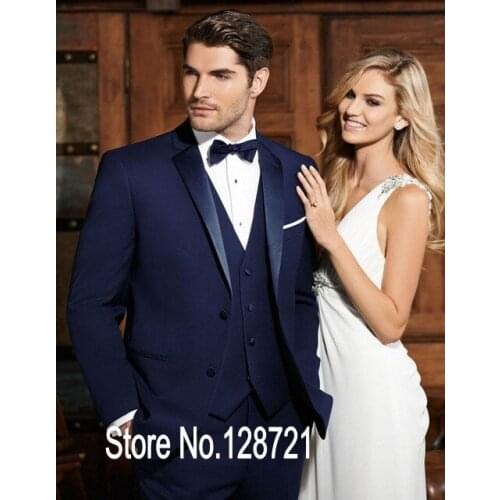 Handsome Mens Suits Navy Blue Groom Tuxedos Wedding Party Dinner Best Man Suits Blazer (Jacket+Pants+Vest+Tie) NO:1536
