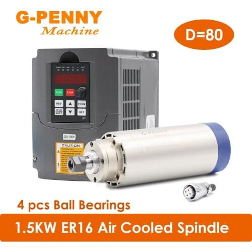 Air Cooled Spindle 1.5KW ER16 CNC Spindle Motor 220v 4 PCS bearings Wood working spindle & 1.5KW HY Inverter & 80mm Bracket