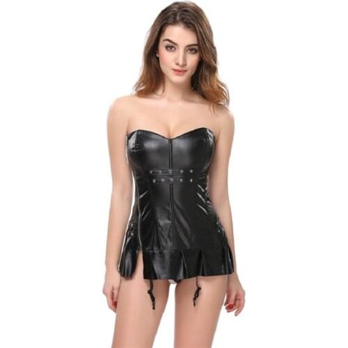 Sexy Women Corsets Bustiers Black Zipper Dress Leather Waist Trainer Slimming Body Shapewear Top With Mini Skirt Bodysuit Corset