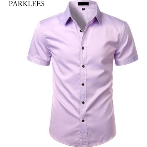 Light Purple Mens Dress Shirts 2020 Summer Short Sleeve Bamboo Fiber Shirt Men Chemise Non Iron Easy Care Formal Shirt For Male