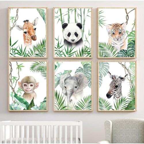 Tiger Panda Giraffe Zebra Tropical Leaf Animals Nordic Posters And Prints Wall Art Canvas Painting Wall Pictures Kids Room Decor