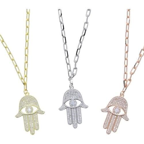 Turkish Hamsa Hand Pendant Necklace Gold Color 5A Cubic Zirconia CZ Paved Sparking Bling Fatima Hand Jewelry