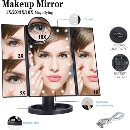 22 Light LED Touch Screen Makeup Mirror 1X/2X/3X/10X Magnifying Adjustable Compact Vanity 3 Folding Mirrors Cosmetics Mirrors
