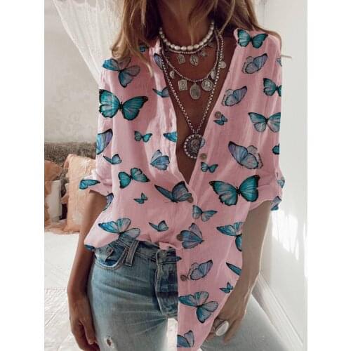 Women Casual Butterfly Shirt V Collar Long Sleeve Tops Button Print Tops Women Clothing Shirt Loose Office Lady Shirts Plus Size