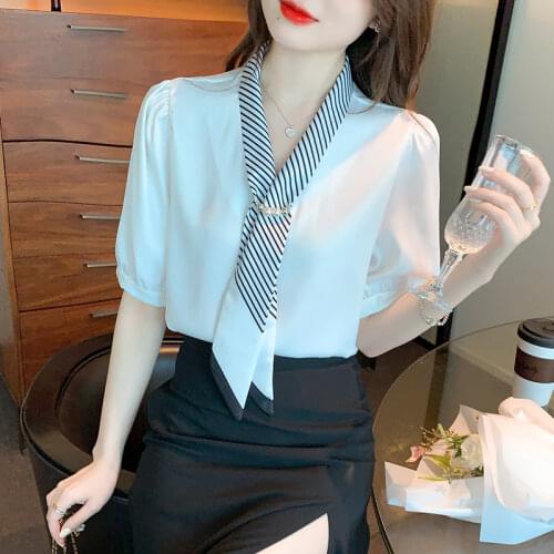 Chiffon Silk Satin Womens Blouses New Casual Blusas Fashion Short Sleeve Tops Flowers Buttons Polo Shirt Summer