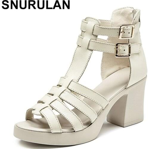 SNURULAN Size 35-41 Lady 100% Genuine Leather Fashion Shoe Thick Heels Sandals Female Ankle Strap Plus Size Shoes Women Cowhide