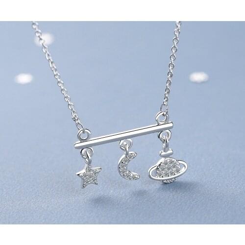 Fashion Womens S925 Silver Plated Platinum Mori Zircon Parallel Planet Moon Pendant Personalized Necklace DZ543