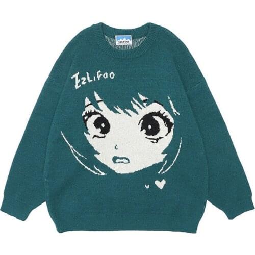 Women Knitted Sweater Harajuku Men Style Anime Hip Hop Autumn Japanese Streetwear Loose Pullover Fashion O-neck Long Sleeve