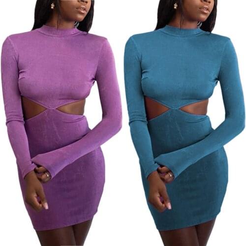 2021 New Women Sexy Tie-up Dress Adults Backless Solid Color Round Neck Long Sleeve Cutout 2 Colors