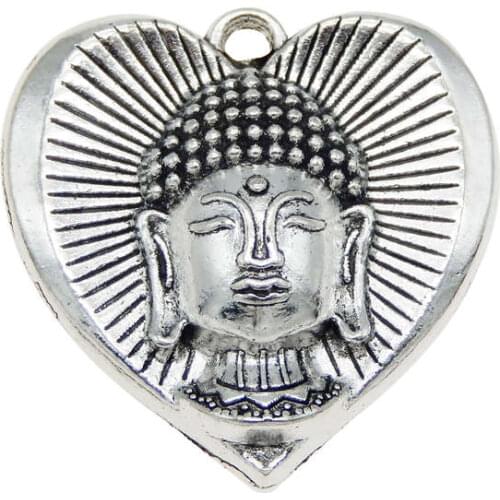 Julie Wang 5PCS Buddha Head Heart Shape Charms Alloy Antique Silver Color Earrings Bracelet Jewelry Making Pendant Accessory