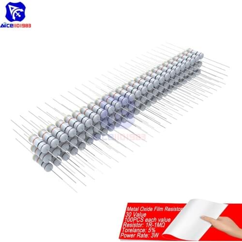 100PCS Metal Oxide Film Resistor 5% 3W 1R-1MΩ 1R 4.7R 10R 100R 220R 1K 2.2K 4.7K 6.8K 10K 22K 47K 100K 470K 1MΩ Ohm Resistance