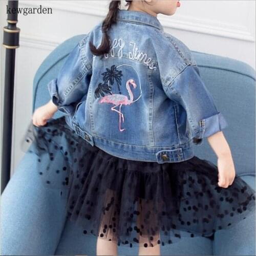 2019 Children Girls Clothing Outerwear Embroidery Flamingo Autumn Denim Jacket Kids Fashion Clothes Coats 3-7T