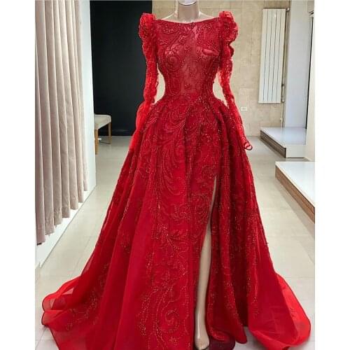 2021 Arabic Red A Line Prom Dresses Luxury Beading Appliqued High Side Split Long Sleeve Women Plus Size Formal Evening Gowns
