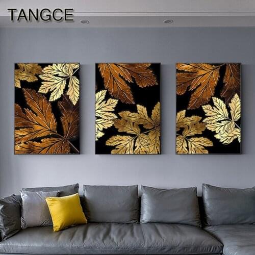 Abstract Golden Foil Leaf Canvas Art Modern Gold and Black Poster Print Luxury Wall Picture for Living Room 3D Effect Tableaux