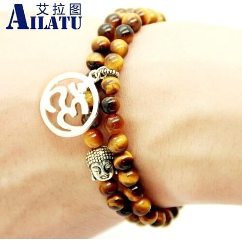 Ailatu Devout Buddhist Truth Yoga Buddha and OM Chakara Bracelet with 6mm A Grade Tiger Eye Stone Beads