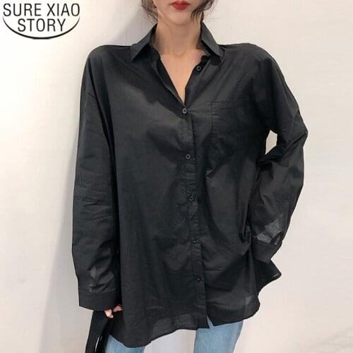 Black Long Shirt Women Blouse Cotton Button Up Shirt Korean Fashion Clothing Loose Ladies Tops Pocket Shirts Blusas Mujer 13313