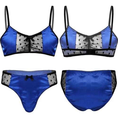 Men Male Satin Lingerie Sets Hot Sissy Nightwear Sheer Mesh Patchwork Adjustable Spaghetti Strap Bra Tops with Briefs Thongs