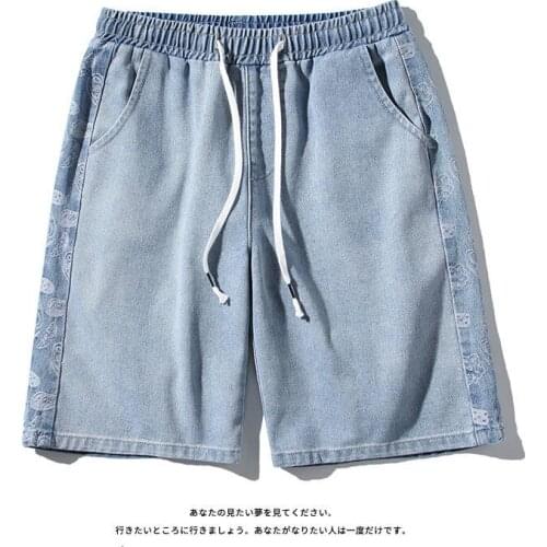 Stitching Jeans Men Summer High Street Printed Cashew Flower Wide-leg Straight Shorts Loose Wash Oversize Overalls Casual Pants