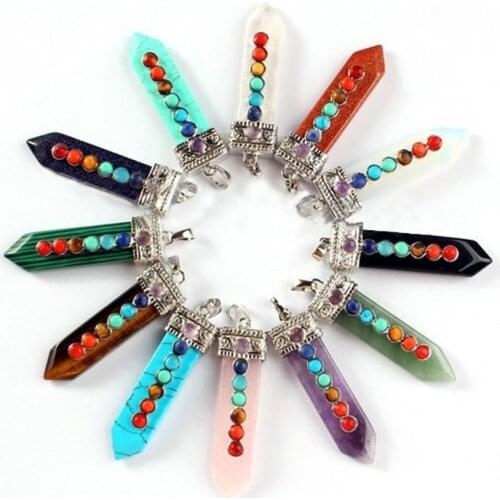 KFT Silver Plated Natural Healing Crystal Quartz Reiki 7 Round Beads Stones Knight Sword Balance Chakra Stone Pendant Jewelry