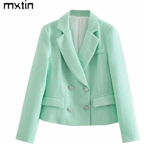 2021 Women Fashion Solid Tweed Jacket Coat Vintage Pockets Lapel Collar Double Breasted Office Lady Female Outerwear Chic Tops