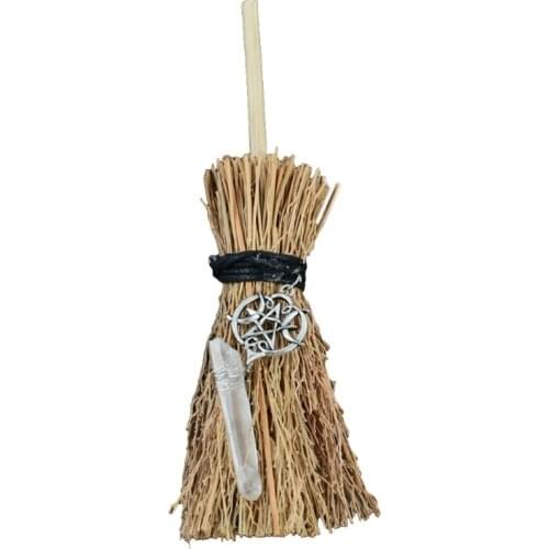Mini Broom Straw Witch Brooms with Crystal Pendant Decorations for Halloween Wicca Altar Broom Witchcraft Accessories